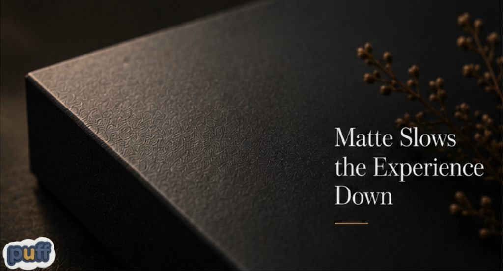 The Psychology of Quiet Surfaces 2 Textured matte packaging surface demonstrating matte psychology, reduced reflection, tactile branding, quiet luxury packaging, and calm material perception.