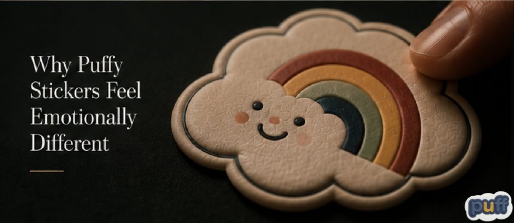 Close-up of a puffy sticker with raised texture and soft depth demonstrating sticker psychology, tactile branding, sensory design, nostalgic packaging, emotional attachment, and dimensional sticker experiences.