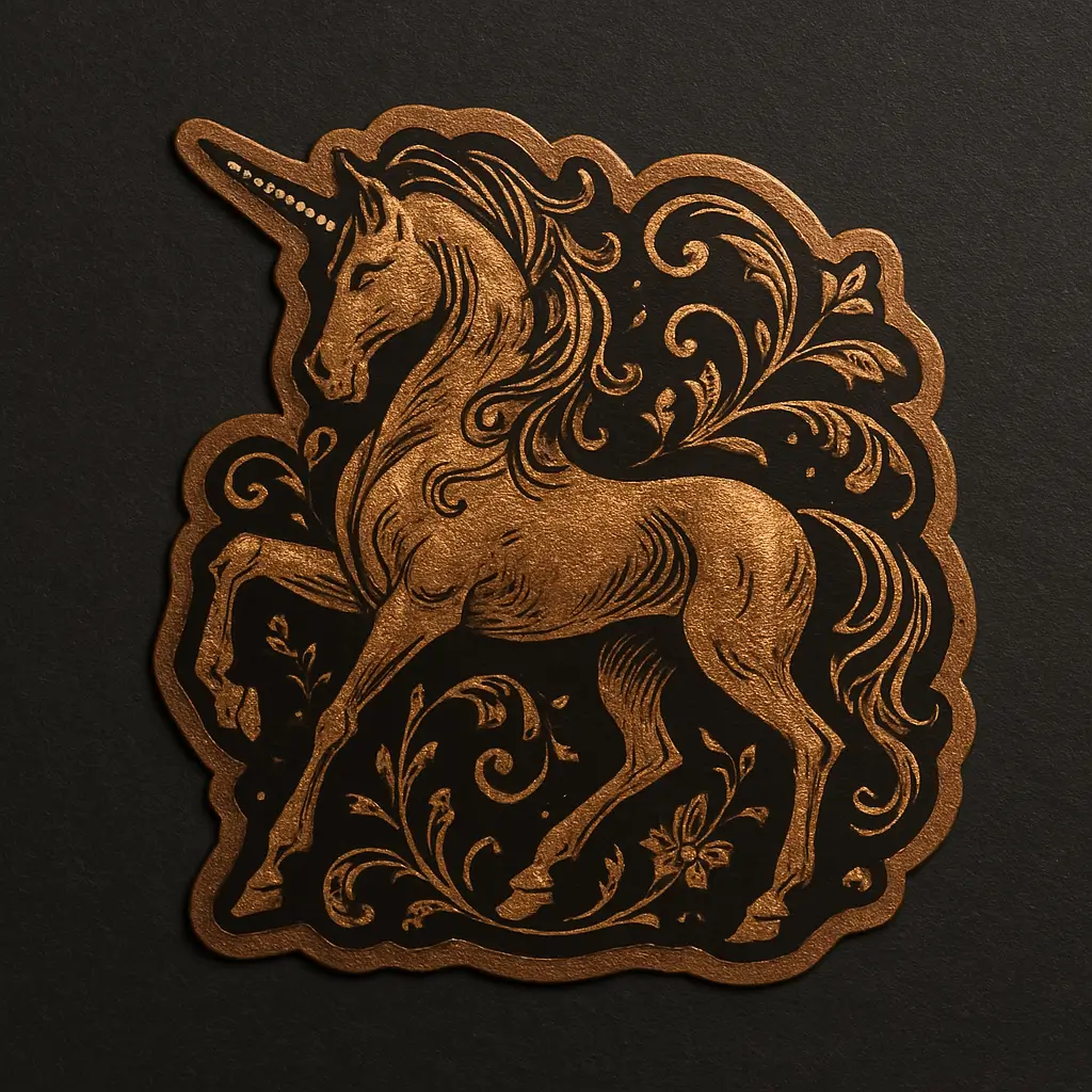 Bronze Foil sticker featuring a rearing unicorn rendered in metallic bronze against a dark background. The unicorn’s mane and tail flow gracefully, and its body is adorned with swirling floral patterns and ornate detailing. The design is bordered with a decorative edge that enhances its regal and mythical appearance. Ideal for fantasy-themed sticker sets, elegant packaging, or magical branding. Printed with high-shine foil finish by PuffSticker.com
