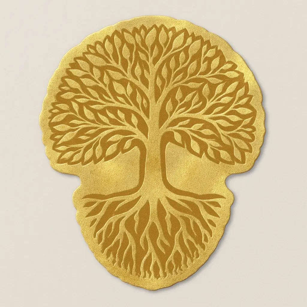 Embossed gold foil sticker featuring a symmetrical golden tree with intricate branches, leaves, and roots. The design is carved into a metallic surface, creating a textured and elegant appearance. Symbolizes growth, life, and harmony between earth and sky. Perfect for nature-inspired branding, eco-friendly packaging, or spiritual sticker sets. Printed with high-shine foil finish by PuffSticker.com