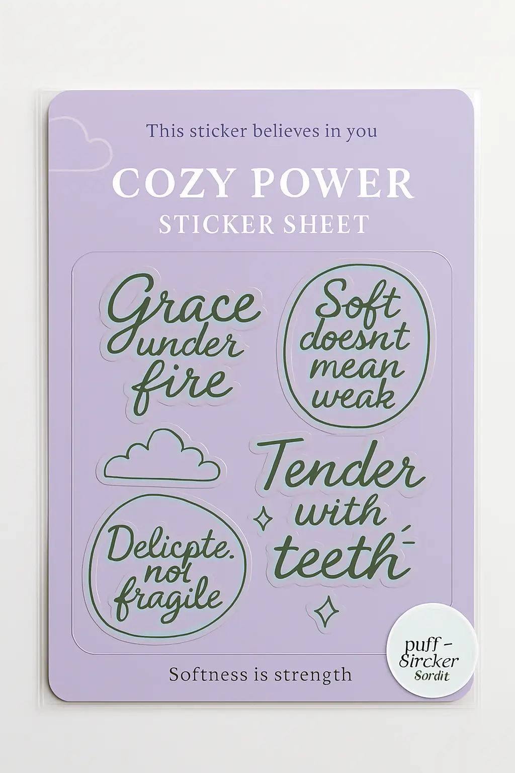 Custom Sticker sheet titled “COZY POWER STICKER SHEET” with five motivational designs in soft green tones. Phrases include “Grace under fire,” “Soft doesn’t mean weak,” “Delicate, not fragile,” “Tender with teeth,” and “Softness is strength.” Stickers shaped like teacups, speech bubbles, and clouds. One cloud sticker is blank for creative use. Printed on clear vinyl with smooth cut edges. Designed by PuffSticker.com to empower gentle souls with bold messages for planners, laptops, and branding kits.