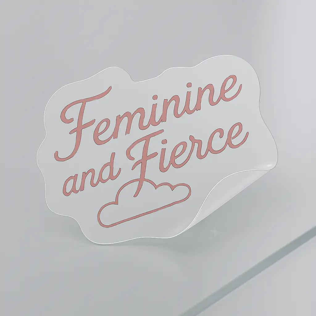 Wavy vinyl sticker with cursive pink text reading “Feminine and Fierce” above a small illustrated cloud. Features partial peel to showcase adhesive strength. Printed on clear vinyl with soft contour edging. Designed by PuffSticker.com as part of an empowerment-themed sticker collection for journals, laptops, and branding kits.