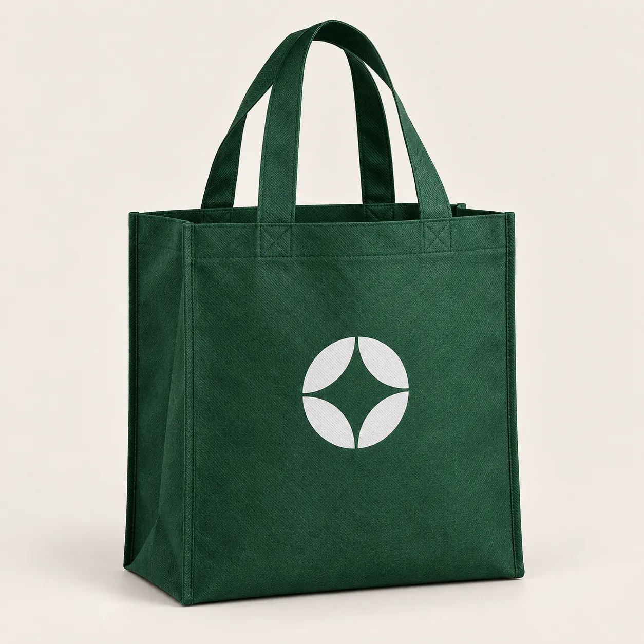 Deep green non-woven tote with loop handles and a white printed mark