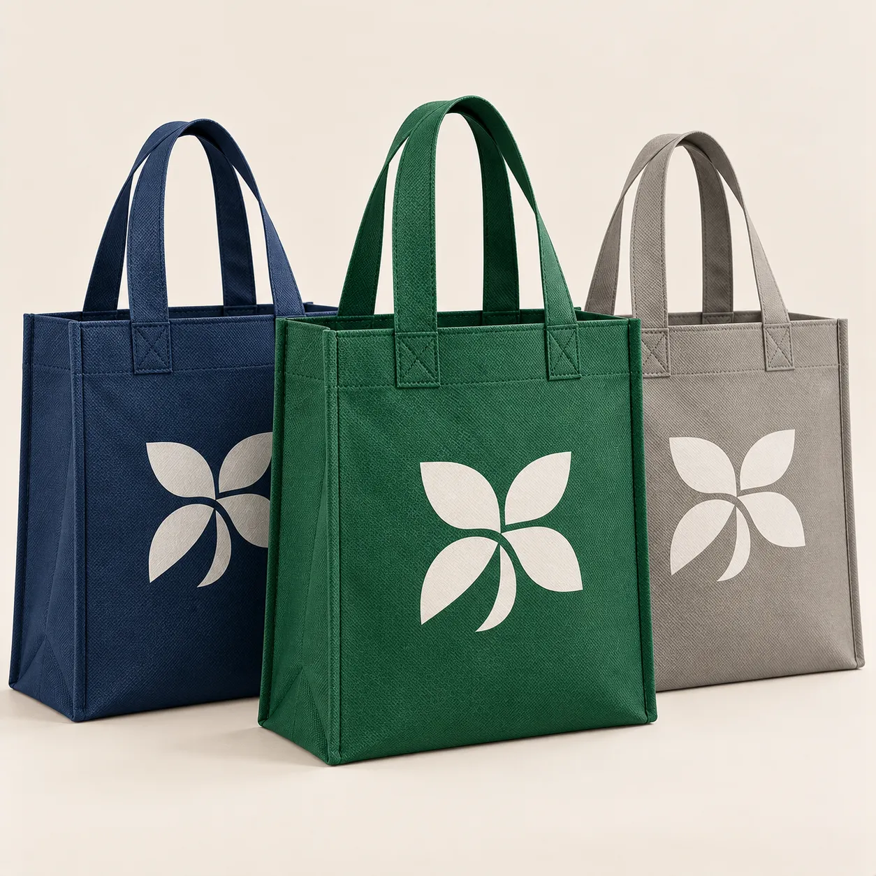 Three non-woven tote bags in navy, green and grey