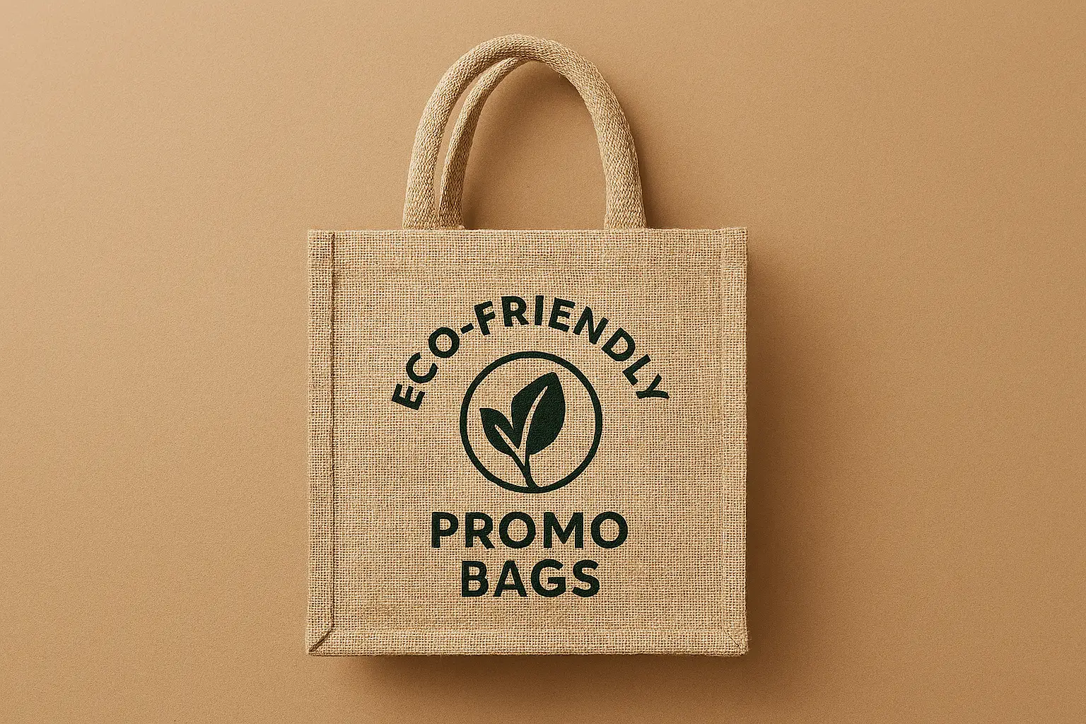Beige eco-friendly promotional bag made from natural jute fiber, featuring two sturdy handles and a printed circular logo with a leaf icon. The text “ECO-FRIENDLY PROMO BAGS” encircles the logo, emphasizing sustainability and reusable packaging. Ideal for showcasing environmentally conscious branding and rustic charm in product presentation. Mock-up made by PuffSticker.com