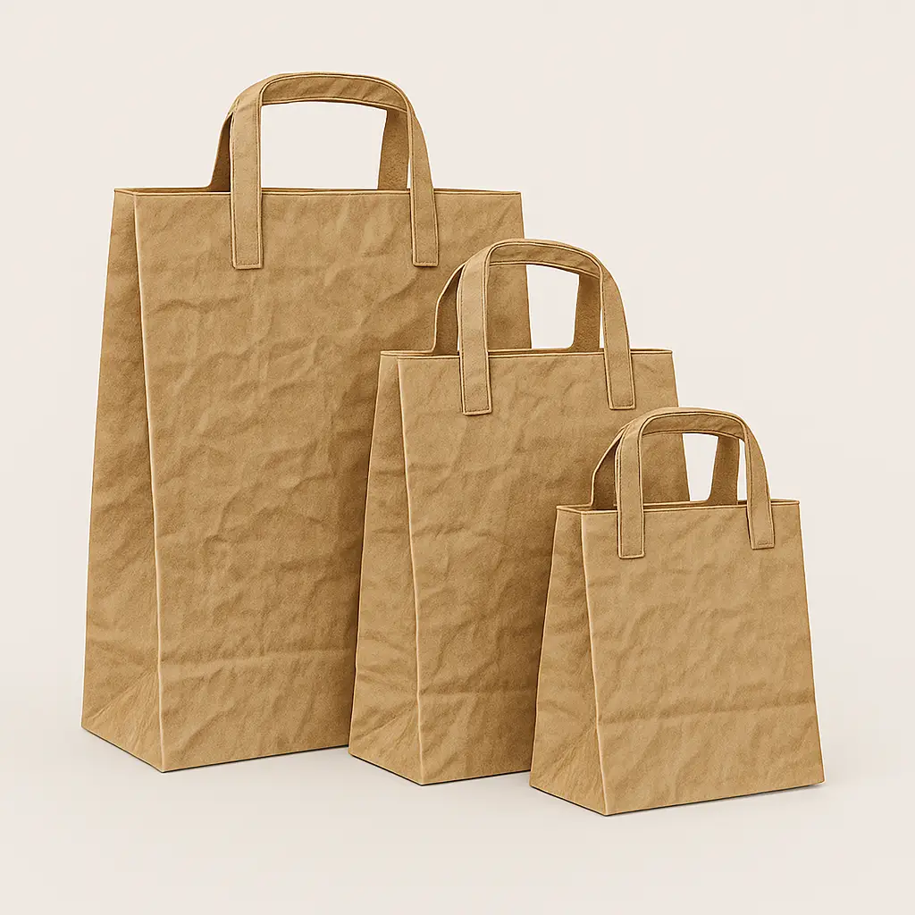 Image of three brown paper bags in large, medium, and small sizes, arranged left to right. Each bag features crumpled texture and two handles, set against a transparent background. Ideal for showcasing eco-friendly packaging options for retail, gifting, or sustainable branding.