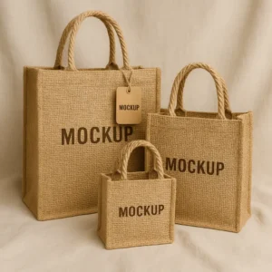 A set of three custom jute woven bags in varying sizes, each with sturdy rope handles and "MOCKUP" text printed on the surface. Made from durable, laminated polypropylene material, these reusable bags are weather-resistant and ideal for retail packaging or promotions. Offered by PuffSticker.com with customizable logos.