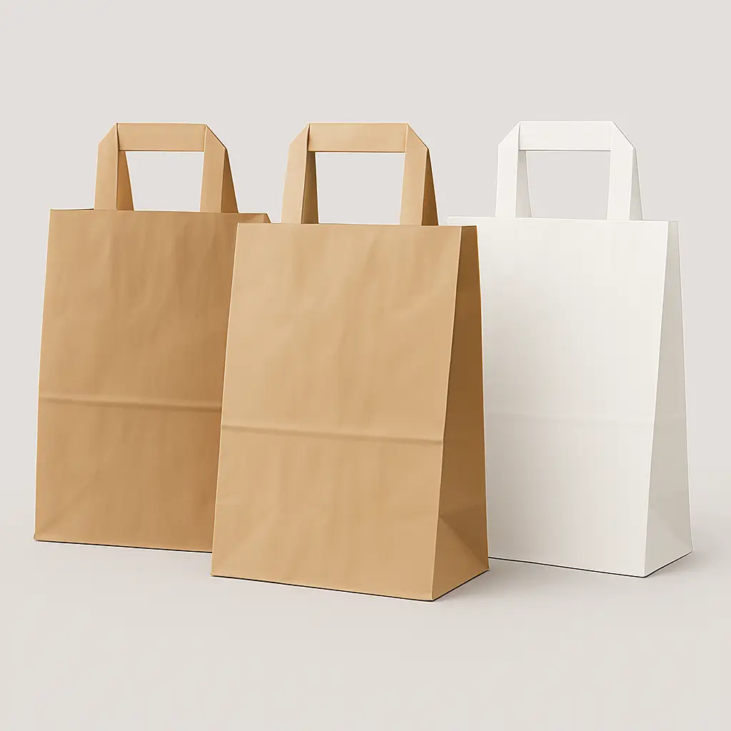 A set of three custom paper bags in different sizes, crafted from durable eco-friendly Kraft paper in brown and white. These reusable bags feature sturdy handles and are ideal for retail, groceries, or gifting, with options for custom printing of logos or slogans. Offered by PuffSticker.com with worldwide shipping.