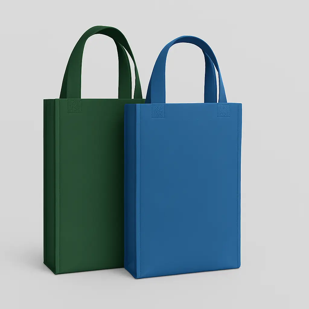 A set of two custom non-woven tote bags in green and blue, crafted from durable, recycled rPP and rPET materials bonded for strength. These eco-friendly, reusable bags are ideal for daily shopping, trade shows, or promotional giveaways, with customizable logos and slogans. Offered by PuffSticker.com with worldwide shipping.