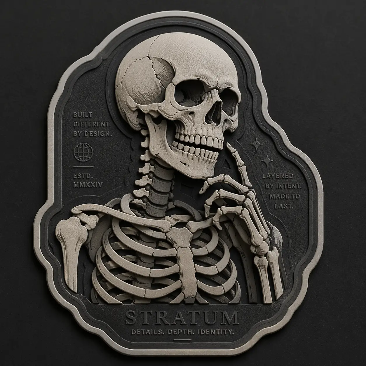 A highly detailed 3D PU embossed label titled "Stratum" featuring an anatomical skeleton design. The image showcases deep material depth, layered internal structures, and a matte charcoal and bone-white finish.