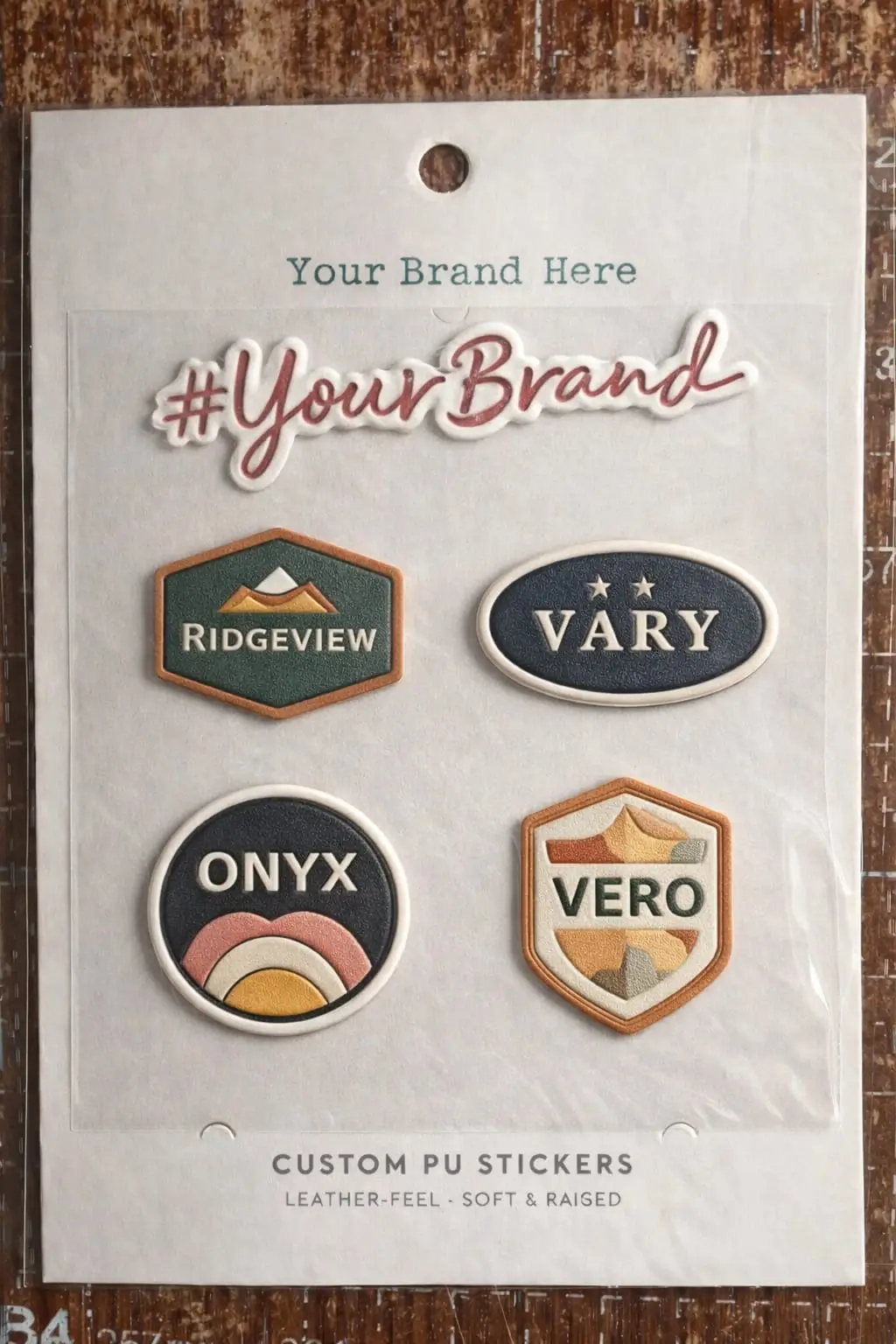 Vertical product sheet of professional PU embossed labels for brands like Ridgeview, Onyx, and Vero. The labels demonstrate a structured, multi-layer build with a fine grain texture and clean, die-cut edges.