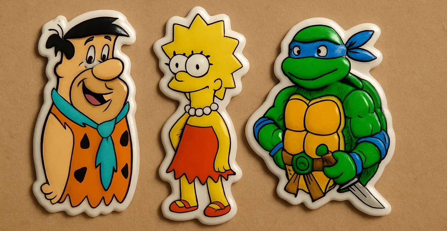 A mockup of Puffy Sticker sheet by PuffSticker.com featuring three iconic cartoon characters on a brown background: Fred Flintstone in his orange spotted outfit and blue tie, Lisa Simpson in her red dress and pearl necklace, and Leonardo from Teenage Mutant Ninja Turtles with a blue mask and sword. Ideal for retro cartoon collections, pop culture merchandise, and character-themed sticker sets.