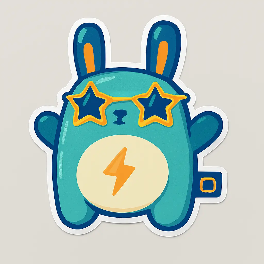 Mockup of a custom epoxy sticker concept featuring a vibrant blue bunny cartoon character with upright ears, orange accents, and star-shaped sunglasses. The bunny has a lightning bolt symbol on its belly and raised arms, conveying a playful and energetic vibe. Encased in a glossy epoxy dome, the sticker offers a 3D effect that enhances its bold colors and whimsical design. Ideal for novelty packaging, kids’ products, or themed branding, this waterproof and scratch-resistant sticker mockup reflects PuffSticker.com’s creative approach to durable, eye-catching epoxy labels.