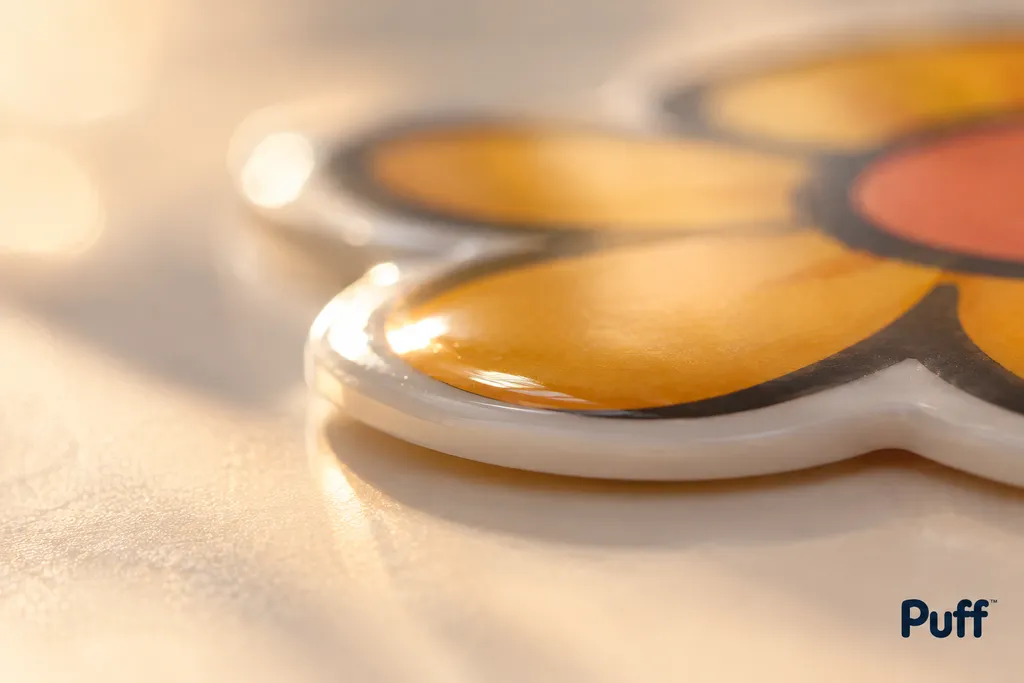 Warm, soft-focus close-up of light catching the curved edge of a puffy sticker.