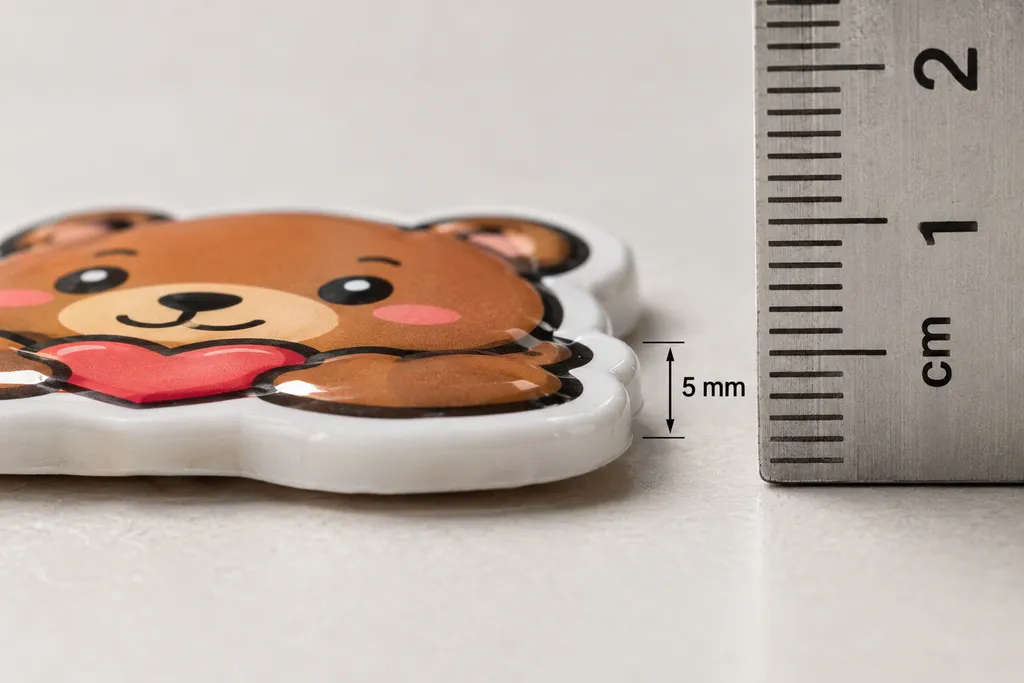 Macro cross-section view of a puffy sticker's raised thickness measured against a small ruler.