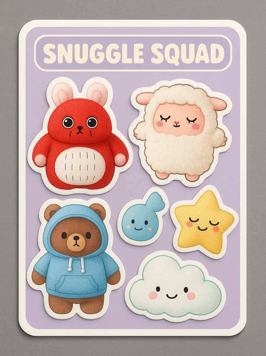 Puffy sticker sheet designed by PuffSticker.com, titled “SNUGGLE SQUAD” featuring six cartoon-style characters: a red bunny, a fluffy white sheep, a brown bear in a blue hoodie, a small blue fish, a yellow star with rosy cheeks, and a smiling white cloud. Each sticker has a soft, raised texture and white outline. Set against a purple background, this sheet is ideal for cozy-themed stationery, kids’ crafts, and whimsical journaling.