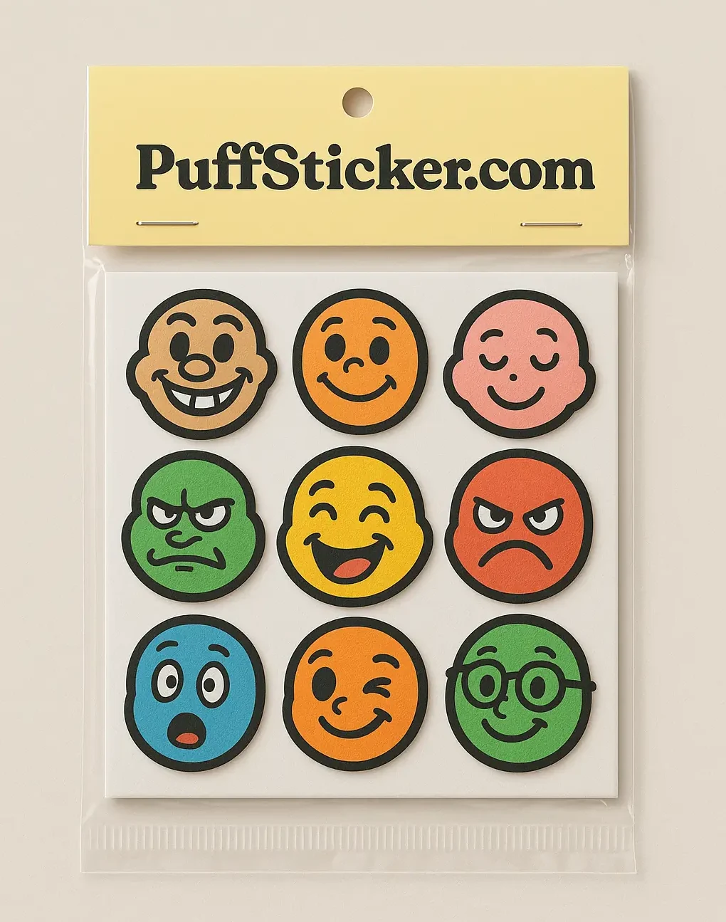 Packaged sheet of nine circular puffy stickers from PuffSticker.com, each featuring a unique emoji-style facial expression. Arranged in a 3x3 grid, the stickers depict emotions such as happiness, sadness, anger, and surprise. The packaging includes a yellow header with black “PuffSticker.com” branding. Ideal for expressive journaling, mood tracking, and playful decoration.