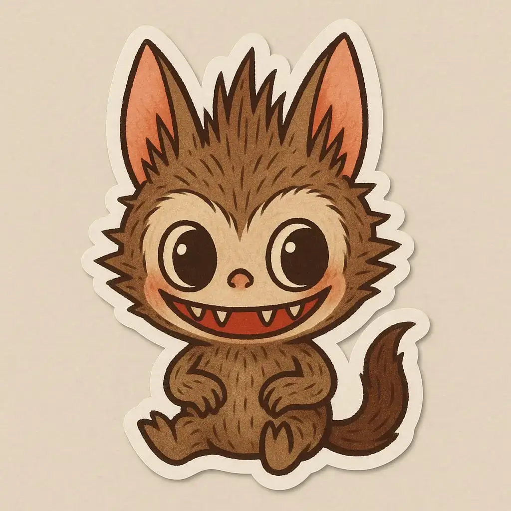 Custom Puffy sticker featuring a whimsical cartoon creature with large round eyes, a wide smile showing tiny fangs, and fluffy fur. The character has pointed ears with pink insides, spiky hair, and a bushy tail. It sits with small paws resting on its belly, radiating playful and endearing energy. Designed in a soft, raised texture ideal for kids’ crafts, cozy-themed stationery, or character-based sticker collections.