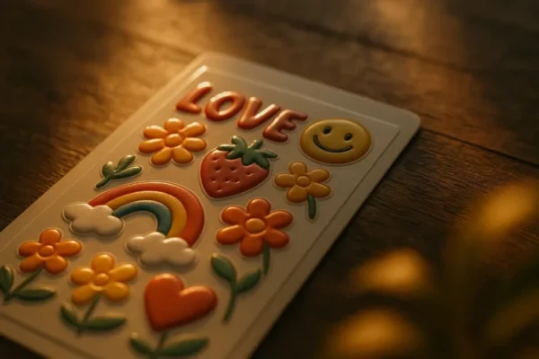 Warm-toned puffy sticker sheet with LOVE text, rainbow, smiley face, heart, strawberries, and daisy flowers on wooden surface. Mock-up made by PuffSticker.com