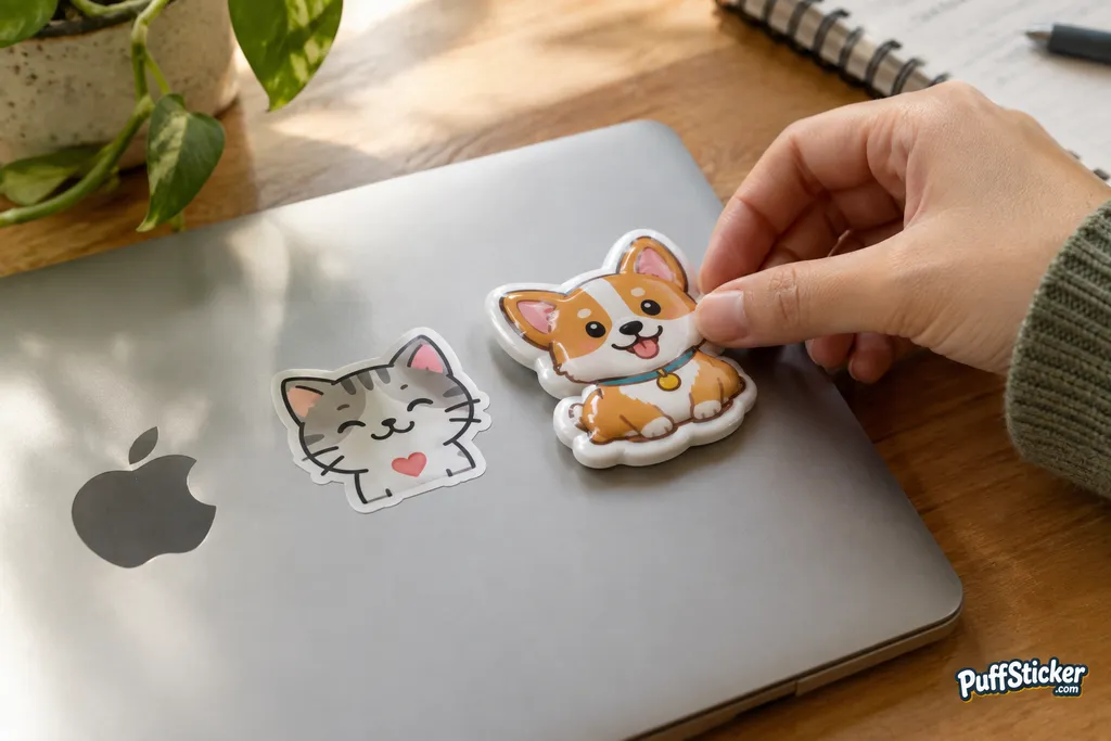 A hand applying a thick puffy sticker beside a thin flat sticker on a laptop lid.