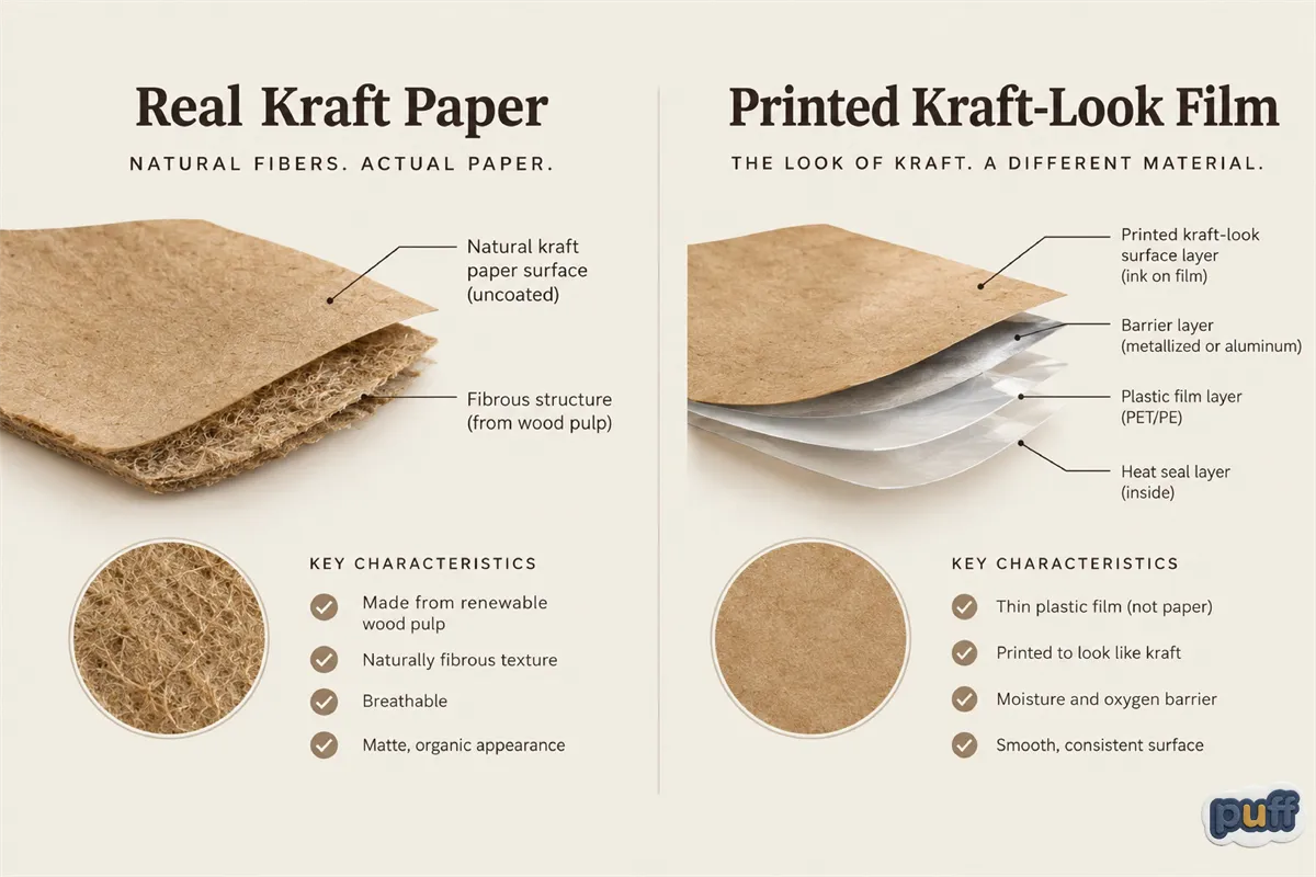 Real kraft paper vs printed kraft-look film Diagram comparing real kraft paper, a single fibrous sheet of wood pulp, with a printed kraft-look film built from a printed surface over barrier, PET/PE and heat-seal layers.