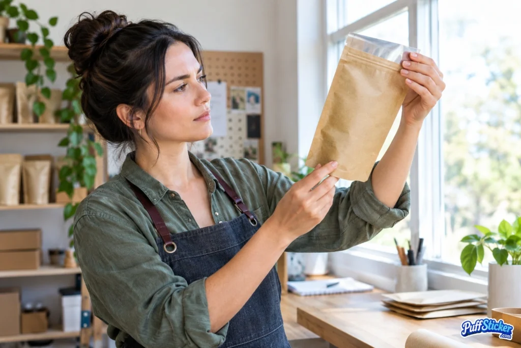 Small business owner in an apron examining a kraft paper stand-up pouch in a bright studio workspace