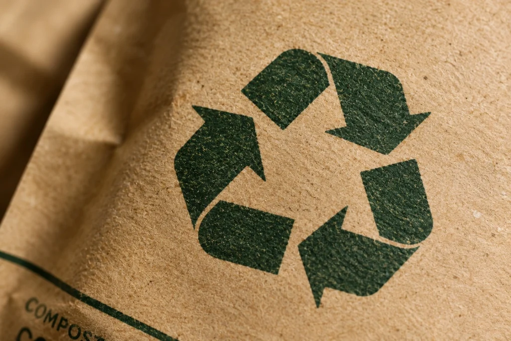 Green recycling symbol printed on textured kraft paper packaging
