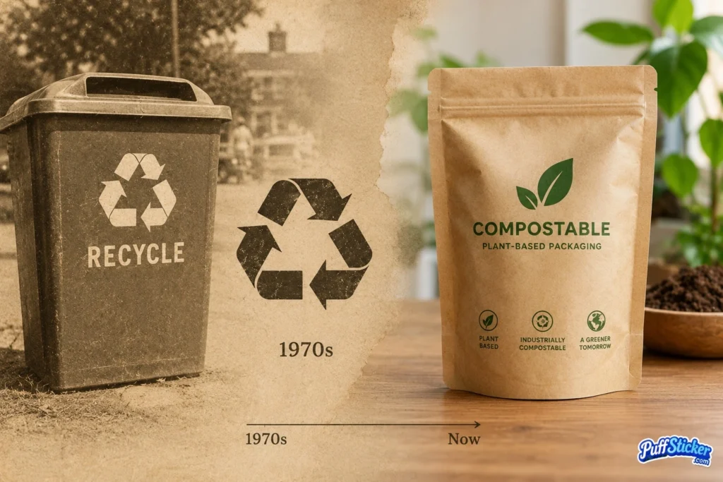 Split image showing a vintage 1970s recycling bin beside a modern compostable plant-based kraft pouch