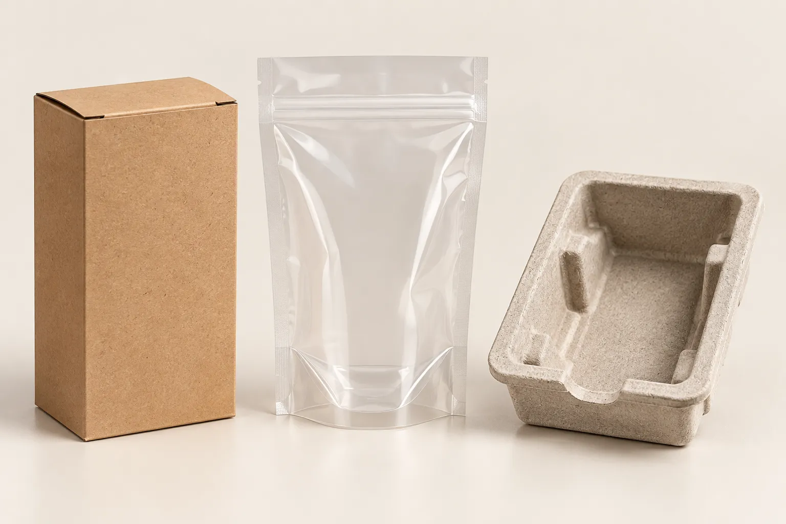Kraft paperboard carton and two other plain packaging materials side by side