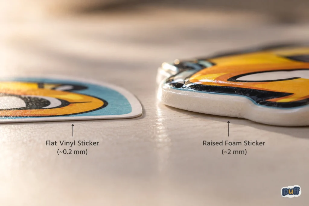 When Does a Custom Sticker Stop Feeling Flat? 1 Side view comparing a flat vinyl sticker at 0.2 millimeters to a raised foam sticker at 2 millimeters