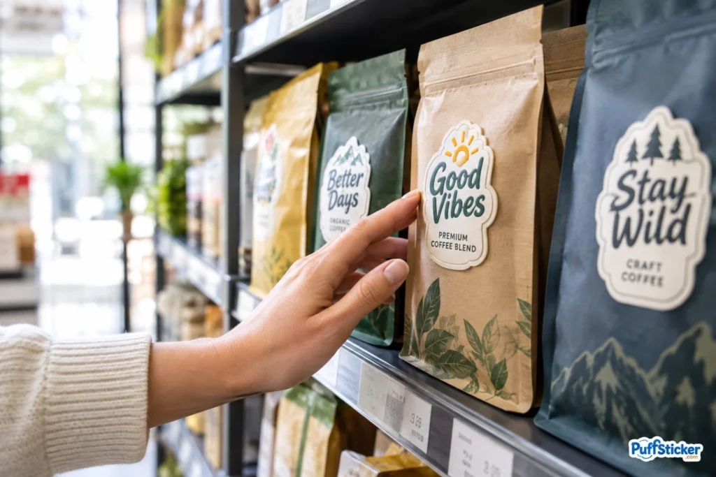 When Does a Custom Sticker Stop Feeling Flat? 3 Shopper's hand reaching for a coffee bag with a raised custom puffy sticker label among bags on a store shelf