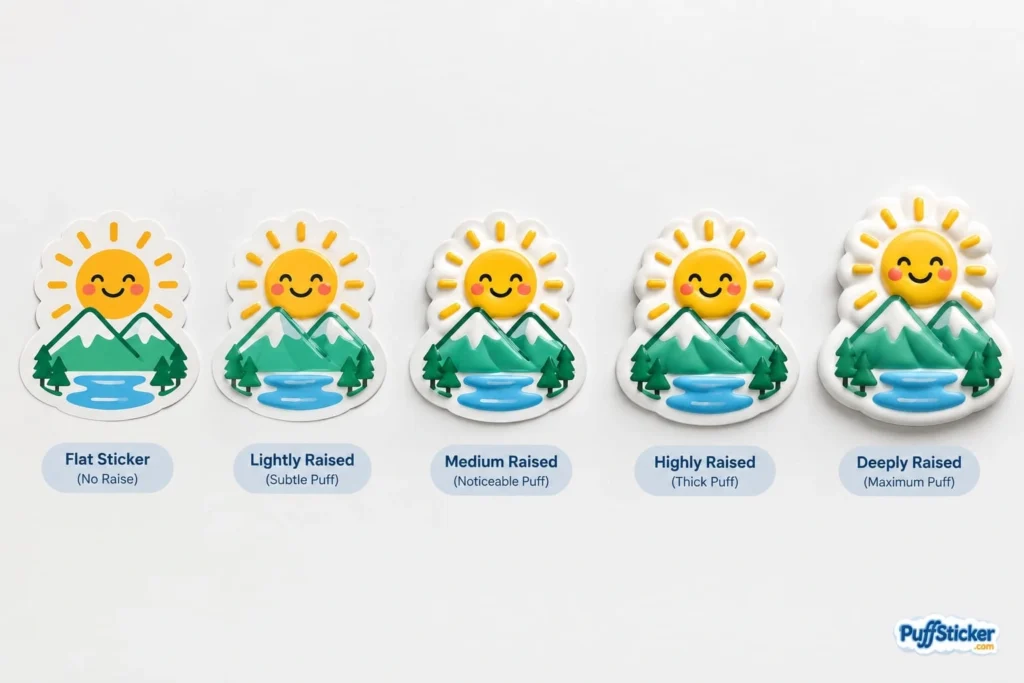 Five versions of the same sticker design shown at flat, lightly raised, medium raised, highly raised, and deeply raised puff levels