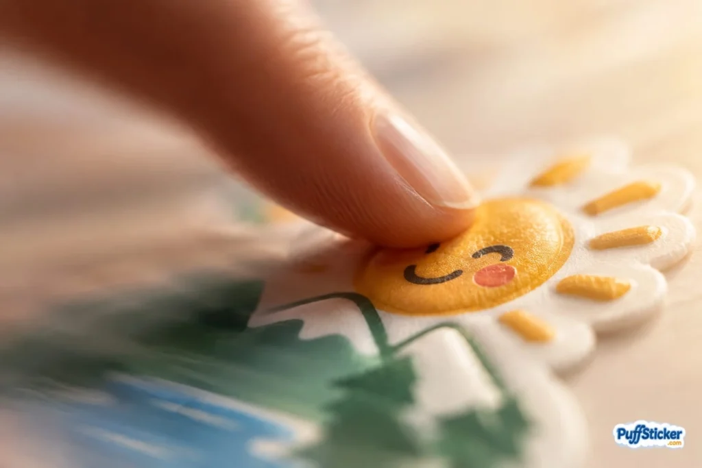 Close-up of a fingertip pressing into the soft raised surface of a custom foam sun sticker