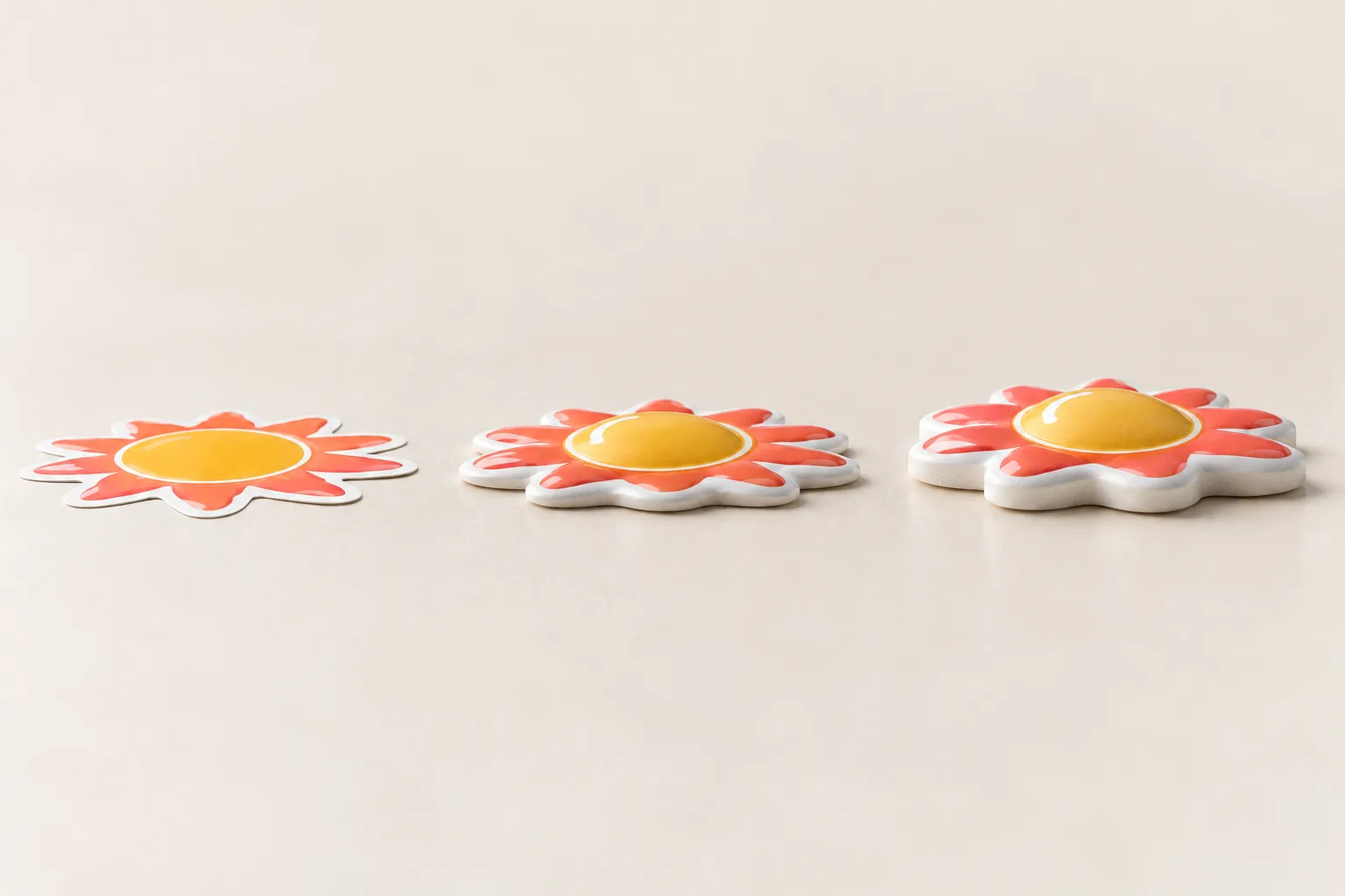Three coral and yellow flower stickers in a row at different thicknesses