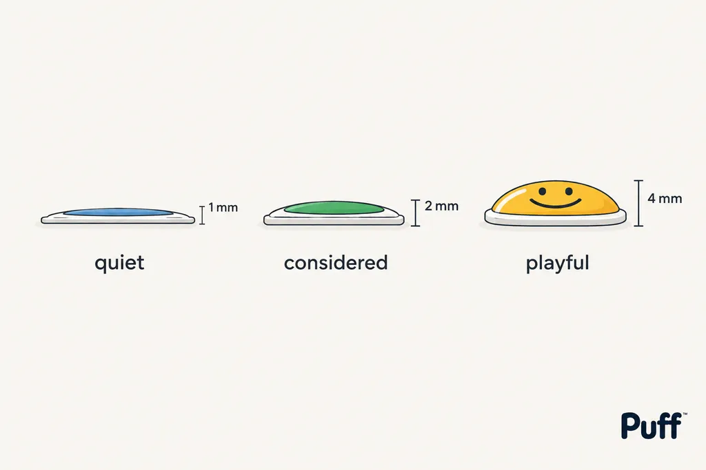 Diagram comparing three sticker thickness profiles labeled quiet, considered, and playful.