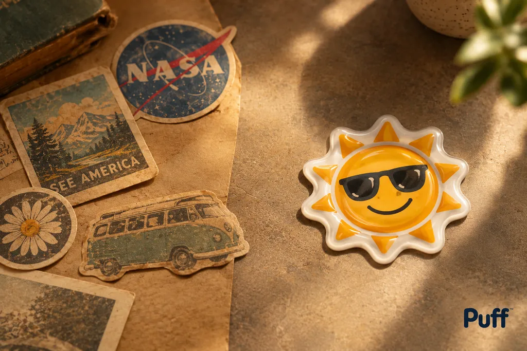 Vintage flat paper stickers displayed beside a modern puffy sticker in warm, contrasted lighting.