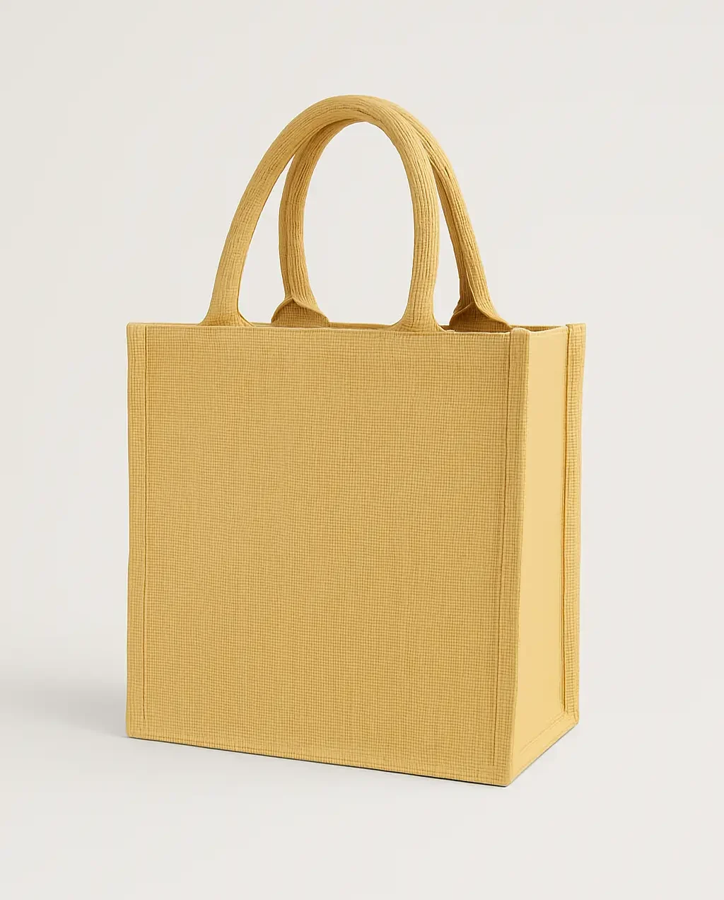 A custom jute bag in natural brown, crafted from durable burlap derived from jute plant fibers. This reusable bag features sturdy handles and is ideal for branding with logos or slogans, perfect for gifting or packaging. Offered by PuffSticker.com with customizable options and tracked delivery.