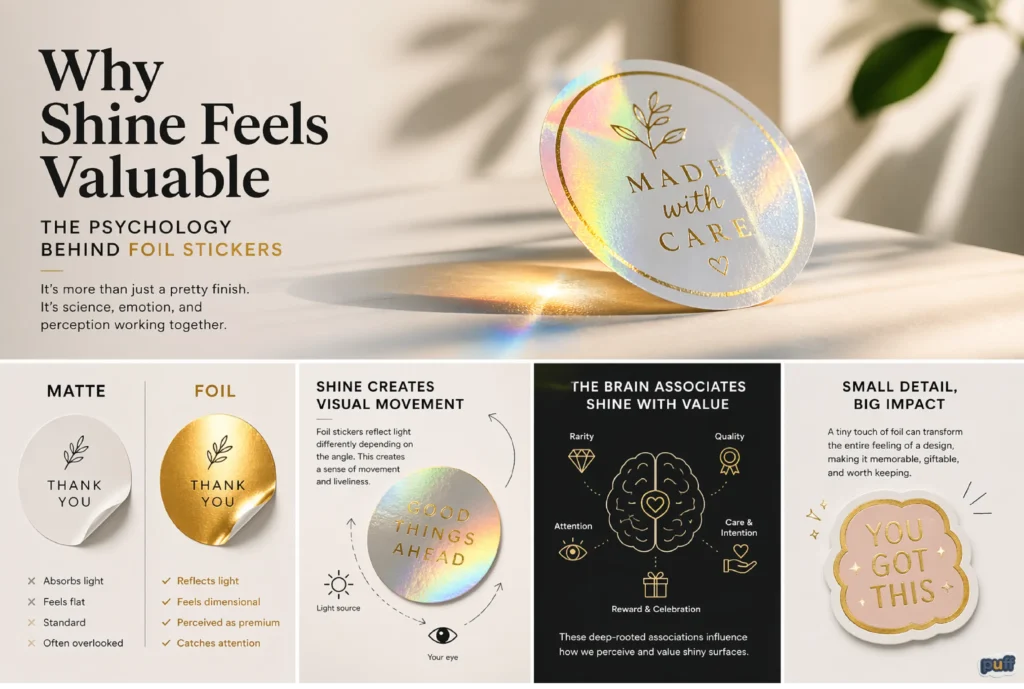 An infographic titled "Why Shine Feels Valuable" showing various gold foil stickers and explaining the benefits of metallic finishes in branding.
