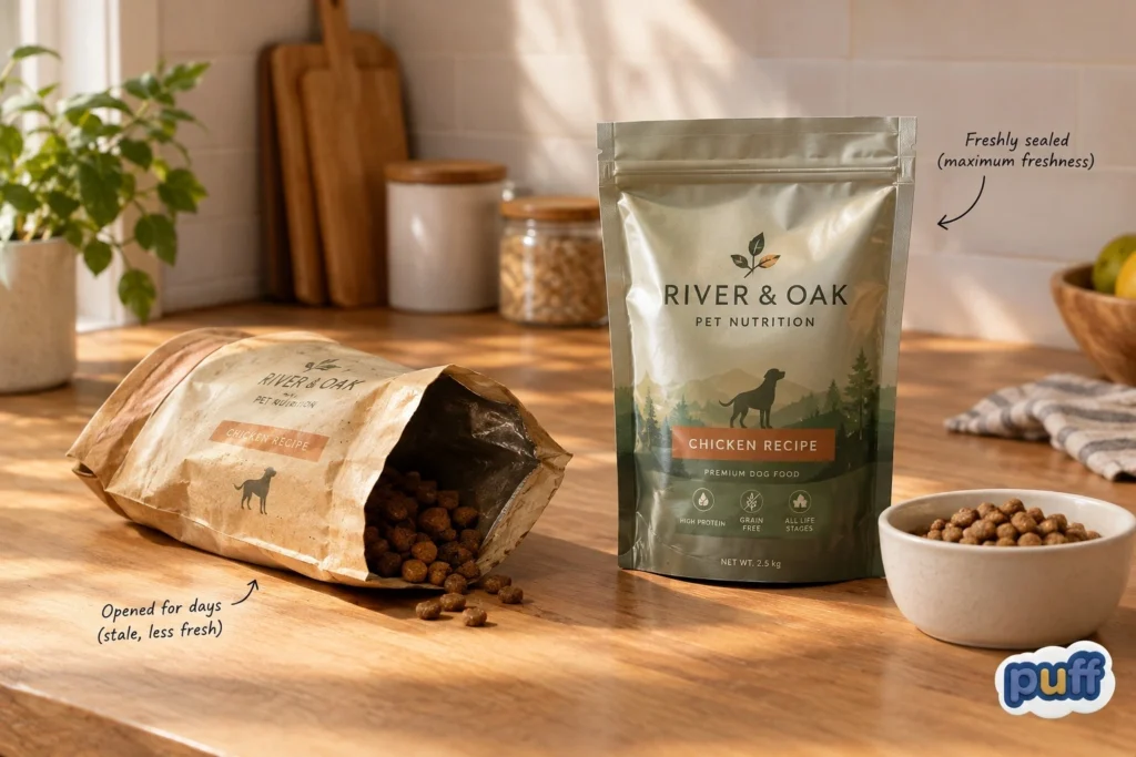 Sealed mylar pet food pouch beside an opened paper bag with spilled kibble showing freshness loss