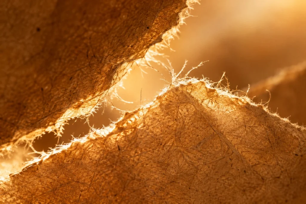 Macro close-up of frayed kraft paper fibers backlit with warm golden light