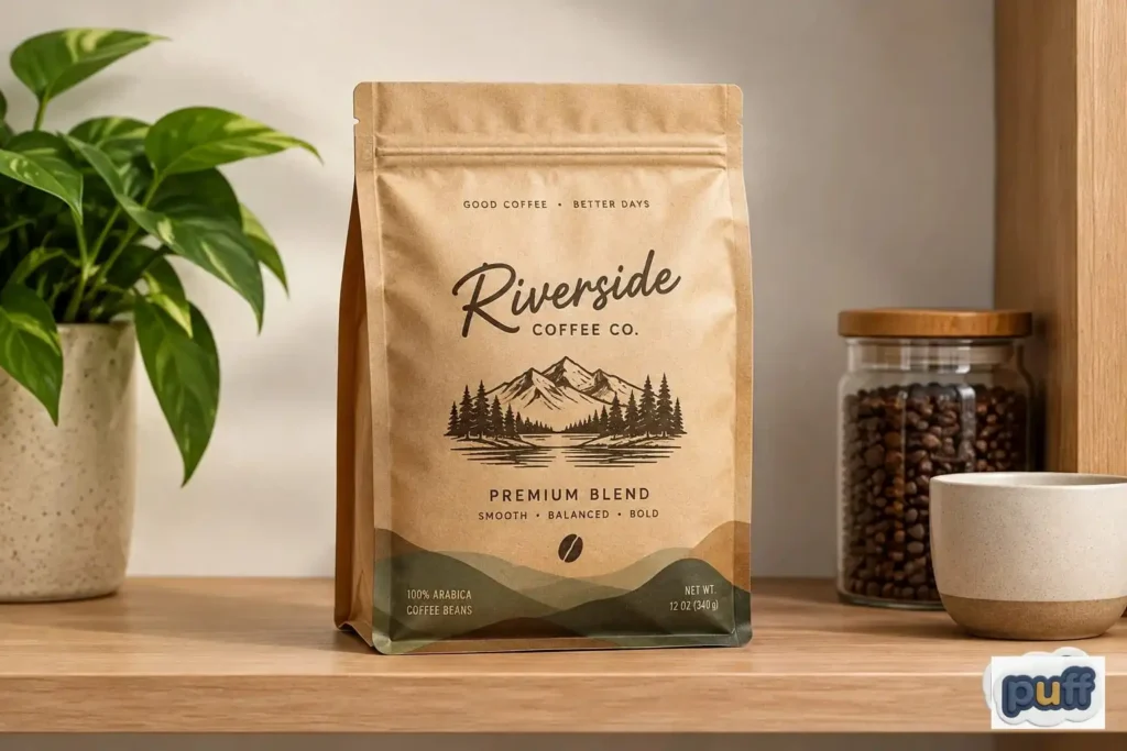 Kraft paper coffee bag with mountain print for Riverside Coffee Co on a wooden shelf