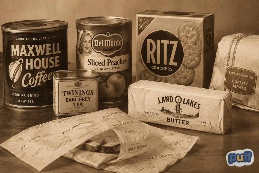 Vintage sepia toned grocery packaging including tin cans, a cracker box, and wax paper wrapping
