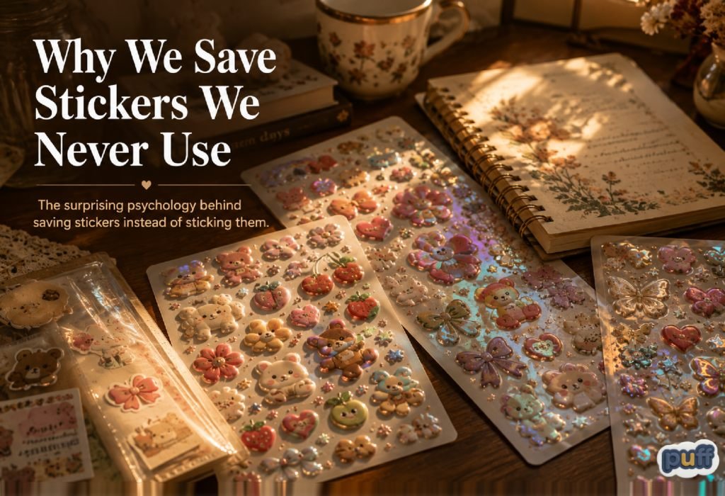 Flat lay of pastel holographic puffy sticker sheets featuring cute bears and flowers spread across a wooden desk next to an open vintage floral notebook under warm sunlight.