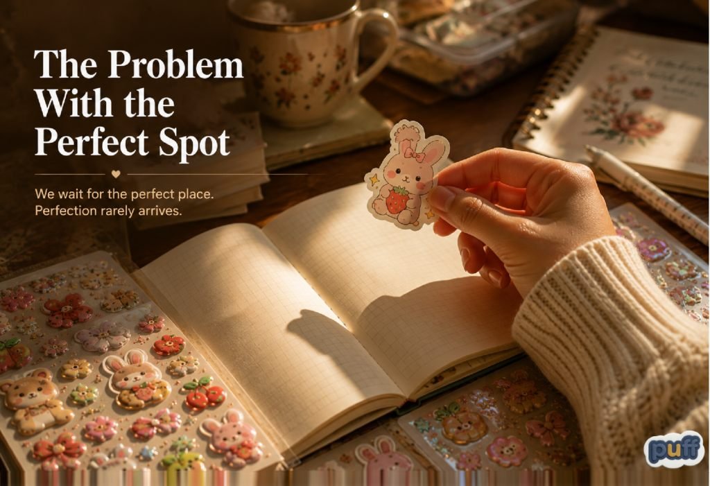 A person wearing a cozy knit sweater holds a die-cut bunny sticker over the blank grid pages of an open journal, hesitant to peel and place it.