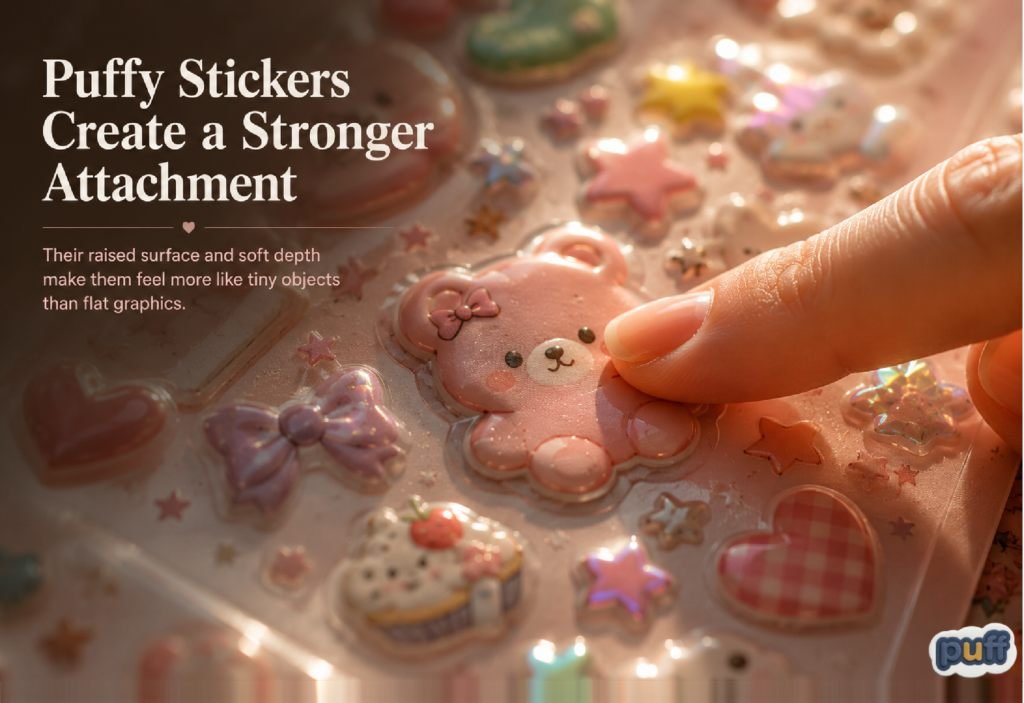 Why We Save Stickers We Never Use: The Psychology Behind Unused Stickers 2 Macro close-up of a finger pressing down on a raised, shiny pink puffy bear sticker to demonstrate the tactile sensory depth of 3D sticker textures.