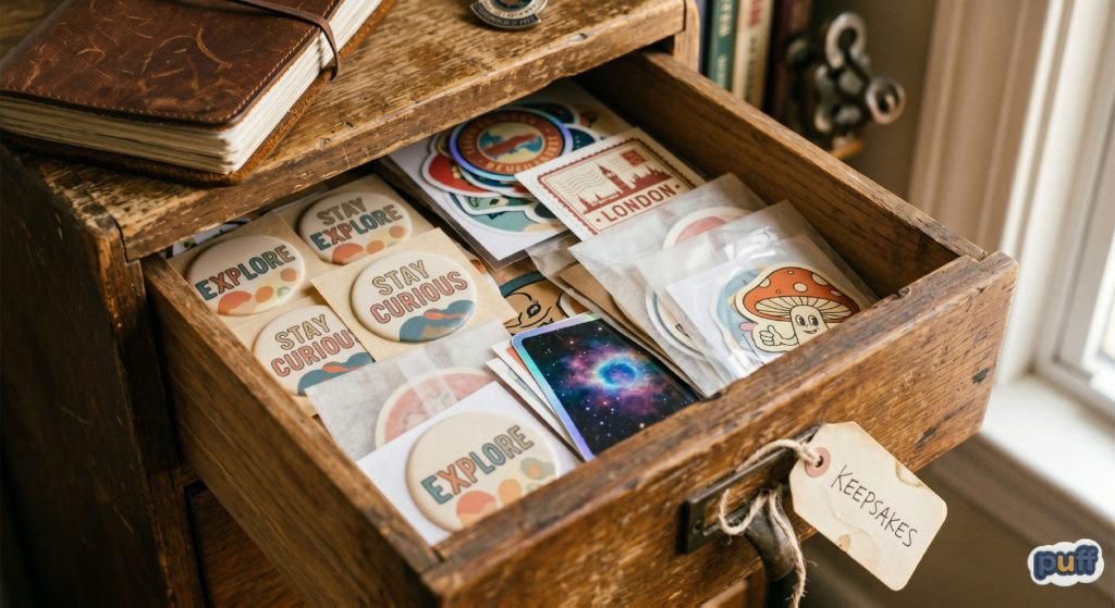 Why We Save Stickers We Never Use: The Psychology Behind Unused Stickers 3 An open vintage wooden drawer labeled Keepsakes filled with an organized collection of retro round stickers saying Stay Curious and Explore, alongside travel stamps, a mushroom design, and a galaxy card.