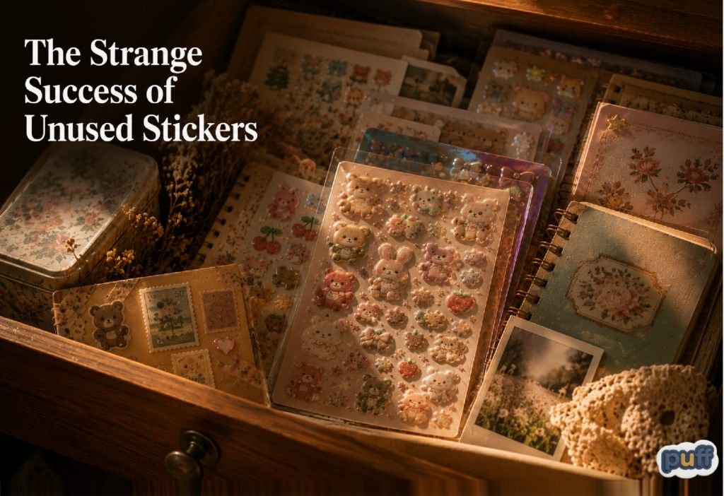 A cozy wooden desk drawer pulled open, neatly packed with collectible puffy sticker sheets, vintage floral journals, old stamps, and a polaroid photograph.