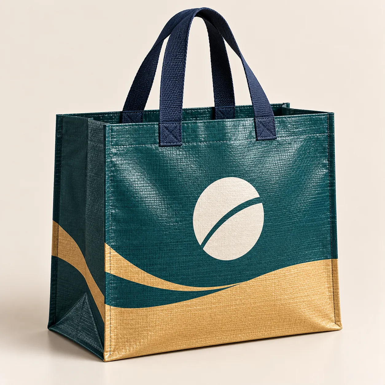 Teal woven tote with a gold wave, a cream mark and navy handles