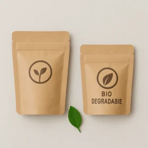 Two brown biodegradable resealable pouches with circular leaf logos, placed side by side on a light surface. A small green leaf rests between them, emphasizing the eco-friendly theme. The pouch on the right features the text “BIO DEGRADABIE,” reinforcing the sustainable packaging message. Ideal for natural, earth-conscious product presentation.