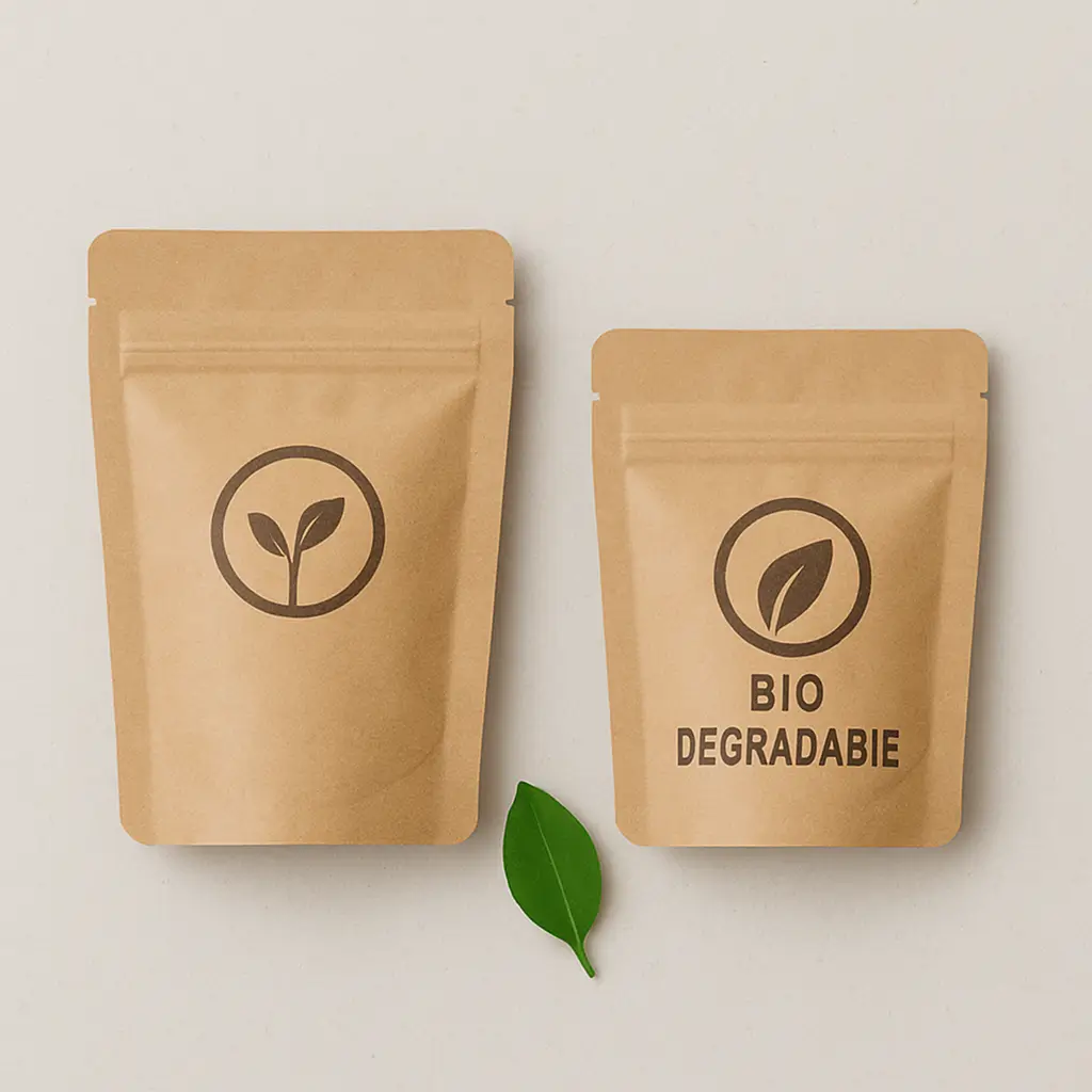 Two brown biodegradable resealable pouches with circular leaf logos, placed side by side on a light surface. A small green leaf rests between them, emphasizing the eco-friendly theme. The pouch on the right features the text “BIO DEGRADABIE,” reinforcing the sustainable packaging message. Ideal for natural, earth-conscious product presentation.